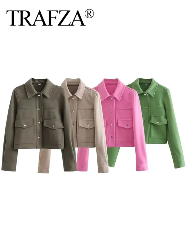 TRAFZA Jackets For Womens Autumn Fashion Solid Front Pockets Button Long Sleeve Jacket Elegant Woman Casual Outerwear Coat - Image 6