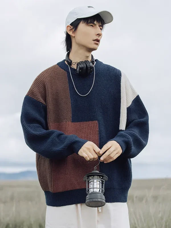Color blocking lazy style men and women pullover sweater autumn and winter retro loose couple trend personality casual knitted
