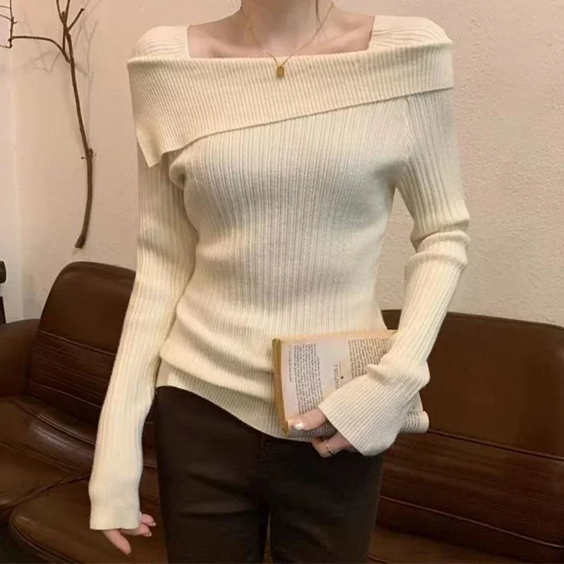 POCZCIY Women Slim Off Shoulder Knit Sweater Slash Neck Long Sleeve Knitwear Jumpers Office Sweater For Women 2024 Autumn Winter - Image 3