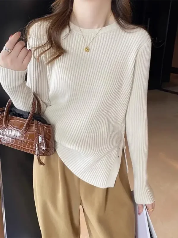 Korea Women Sweater Pullovers Khaki Casual Autumn Winter Split Fork Button Chic Sweater Female Slim Knit Top Soft Jumper Tops - Image 3