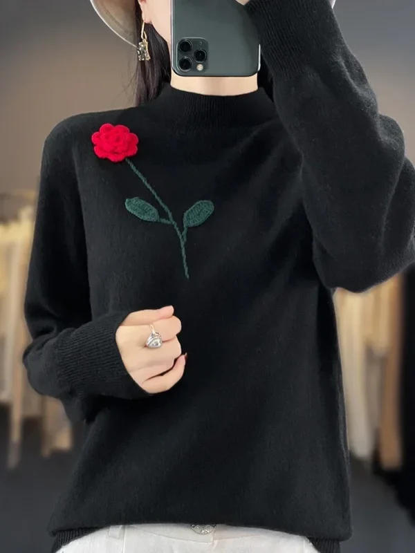 Hand Embroidered Cashmere Sweater Women's High Neck Knit Top Rose Crochet Soft Loose Wool Pullover Winter Keep Warm Sweater 2024 - Image 6