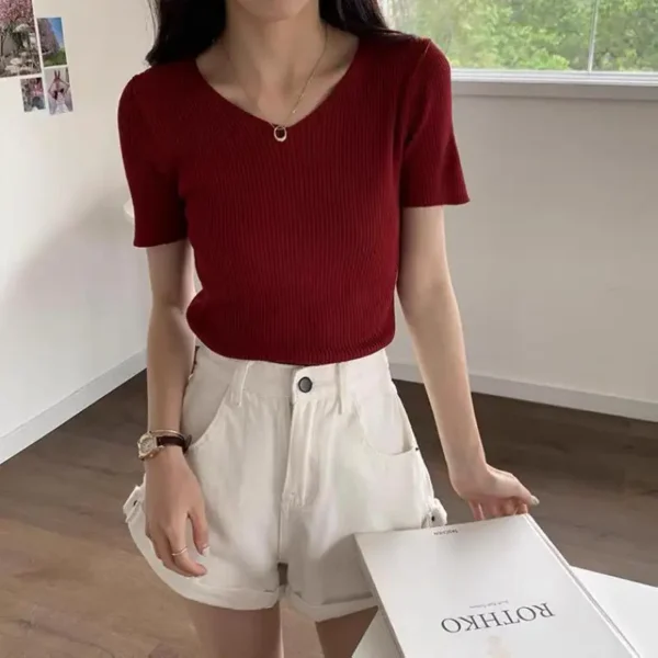 2024 Basic V-neck Solid Thin Summer Women Pullover Female Knitted Ribbed Sweater Slim Short Sleeve Bodycon Sweater - Image 5