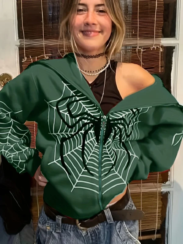 2023 Cross Border Spider Web Zipper Sweater Women's Casual Trendy Hoodie Spring and Autumn Fleece American Coat - Image 5