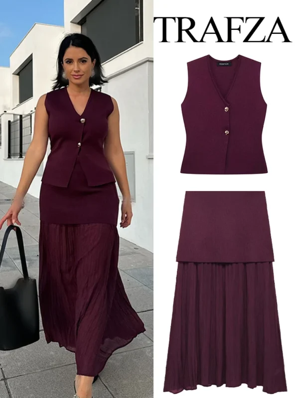 TRAFZA Women 2 Piece Set V-Neck Sleeveless Button Knitted Vest Top+Elegant Splicing High Waist Zipper Long Skirts Holiday Suits - Image 3