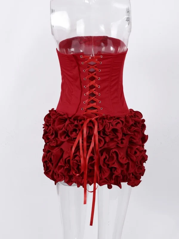 Sexy Red 3D Flowers Dress Suits Women Fishbone Bandage Adjustable Tube Top Flower Mini Skirt Suit Party Club Lady Outfits 2024 - Image 5