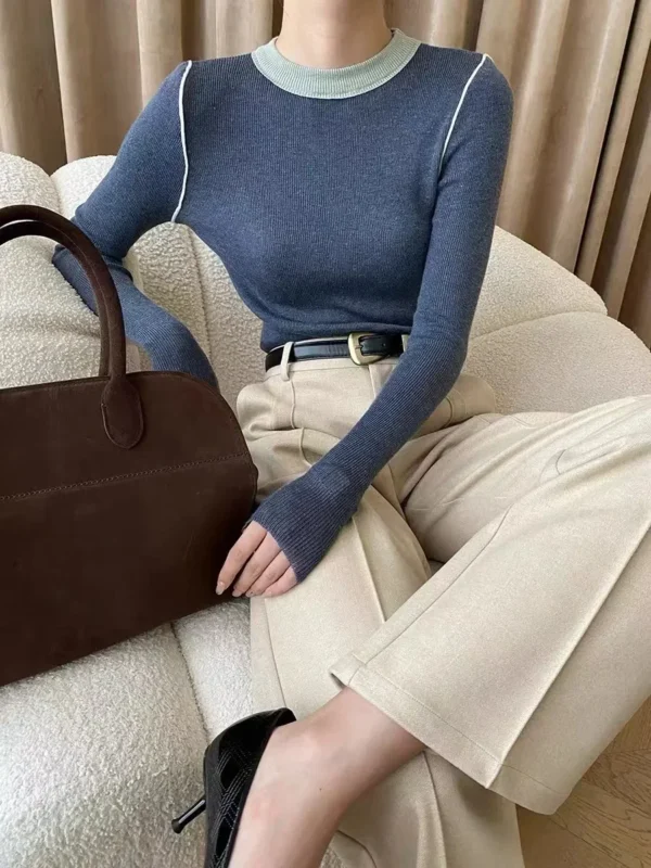 Women's Supple Color Blocking Base Layer Top Round Neck Knit Sweater High-End Feel Long Sleeves O Neck Pullovers - Image 2