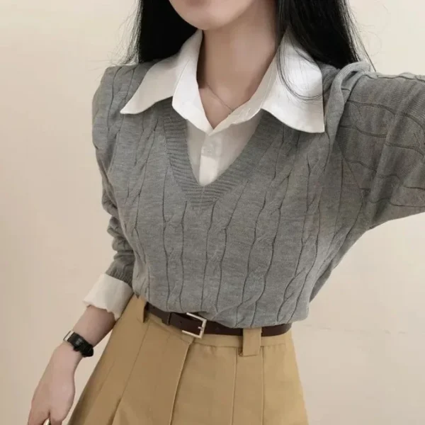 Korean Chic Spring and Autumn Age-Reducing Sweaters Retro Temperament Preppy Fake Two Pieces Shirts Twist Knit Women's Y2k Tops - Image 6