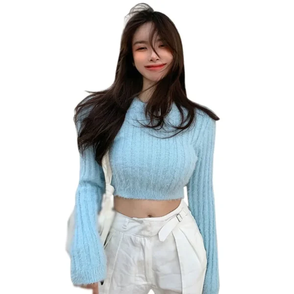 Women's Plush Round Neck Long Sleeve Short Section Pullover Sweater Slim Showing Waistline Knit Sweater Tops - Image 3