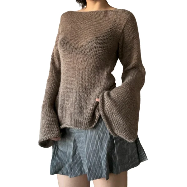 Fashion Women's T-shirt Tie Back Sweaters Long Sleeve Boat Neck Solid Color Knit Pullover Casual Tops Streetwear Y2k Summer Cami - Image 2