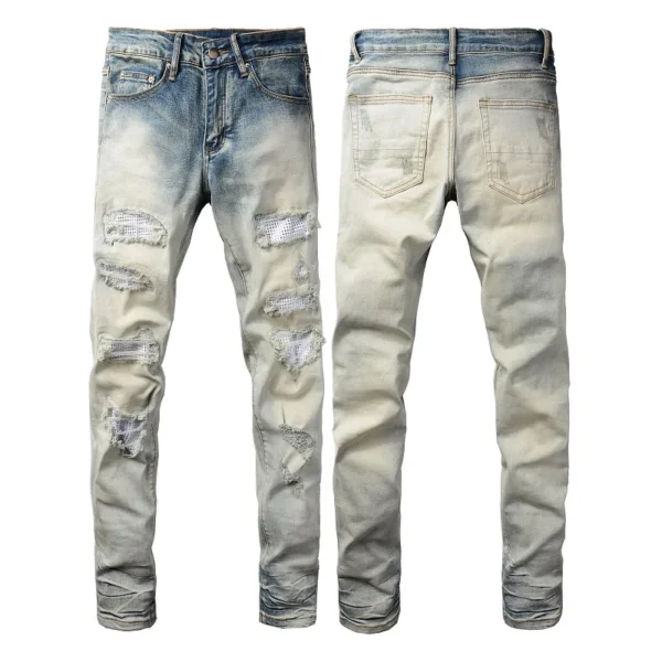 High Street Fashion Men's Jeans Vintage Elastic Tight Split Jeans Men's Blue Hole Red Patch Designer Hip Hop Brand Pants Homer - Image 3