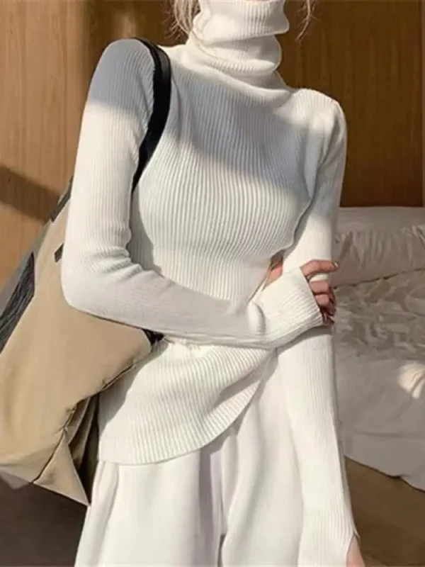 Elegant Solid Basic Knitted Tops Women Turtlneck Sweater Casual Pullover Korean Fashion Simple With Thumb Holes Chic Clothes - Image 6