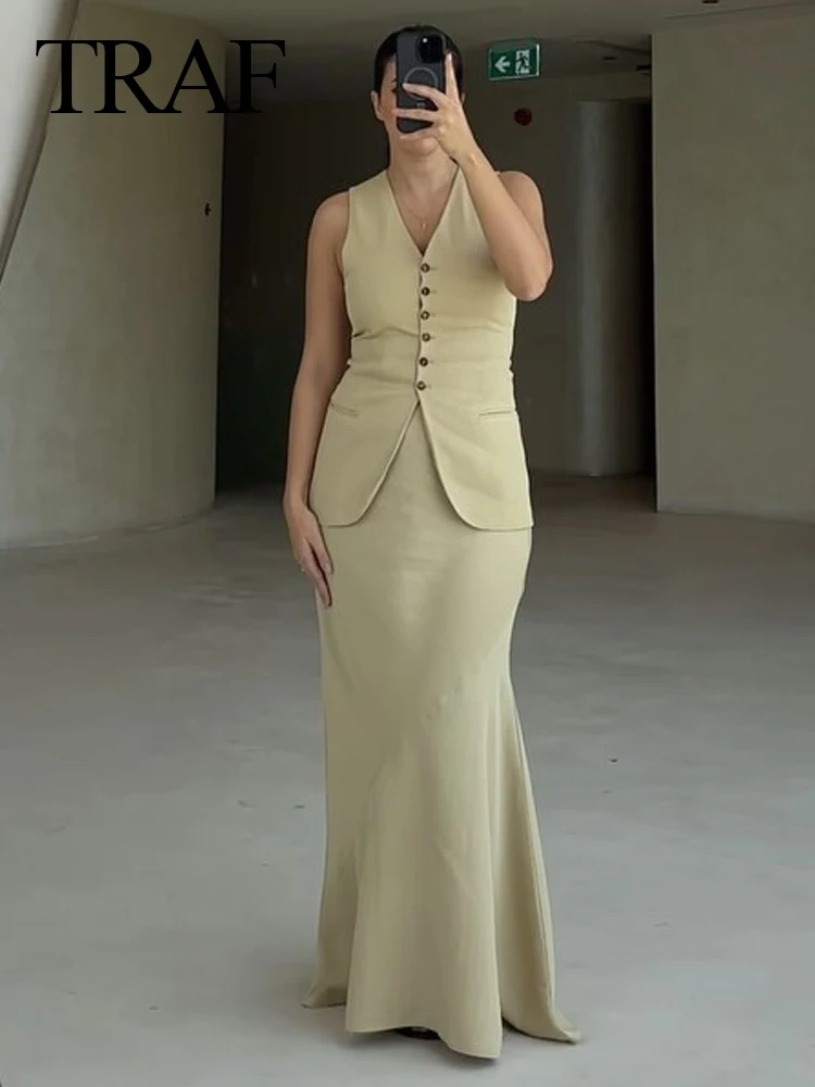TRAFZA Women Vest Skirt Sets Female Khaki Long Blazer Vest V Neck Sleeveless Slim Top+Elegant High Waist A Line Skirt Suit TRAF - Image 4