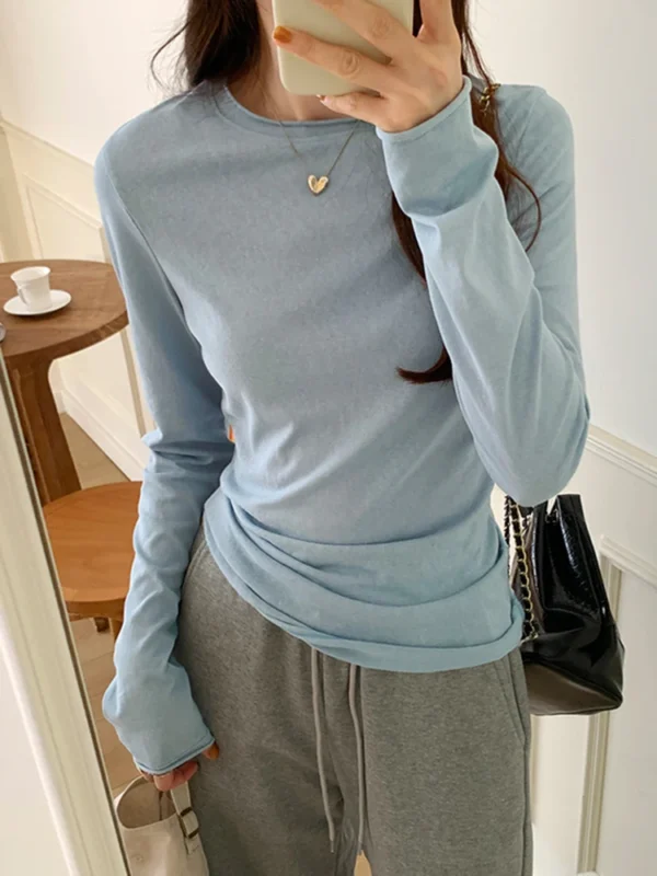 Spring Autumn T shirt Women Tops Solid Long Sleeve Ruched O Neck Tshirts Female Korean Casual Streetwear High Quality Base Tees - Image 2