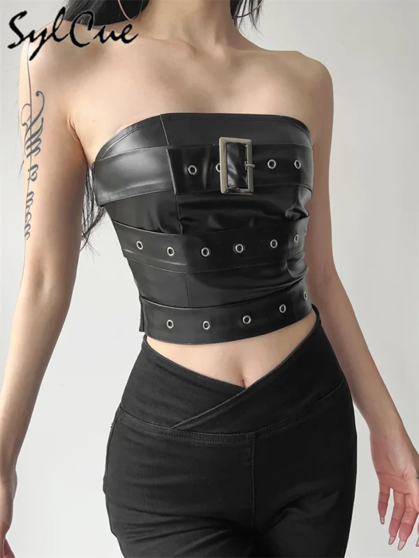 Sylcue Classic Retro Matte Black Mysterious Sexy All-Match Personality Fashionable Summer Travel Cool Women Belt Chest Wrap Vest - Image 2