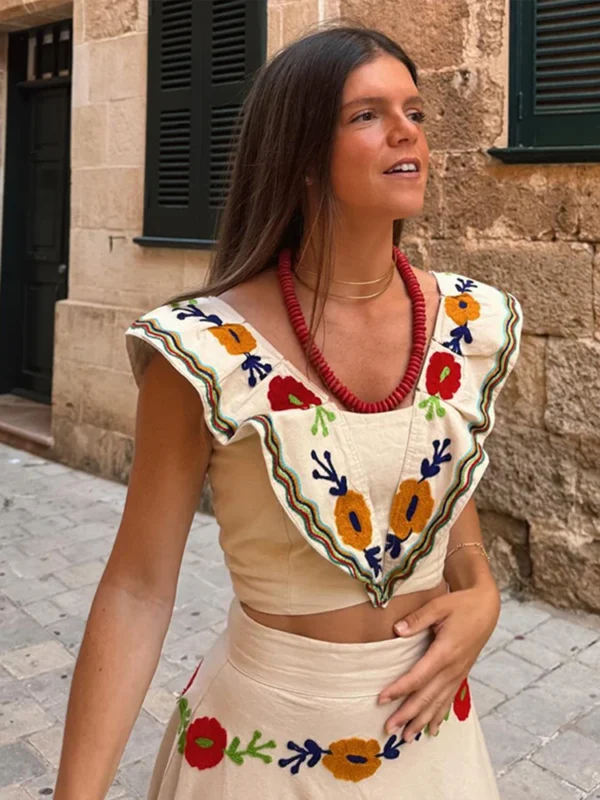 Fashion Print Crop Top Skirt Suits Women Chic Flying Sleeve Square Neck Sleeveless Set High Waisted Pleated Skirt 2024 Outfits - Image 2