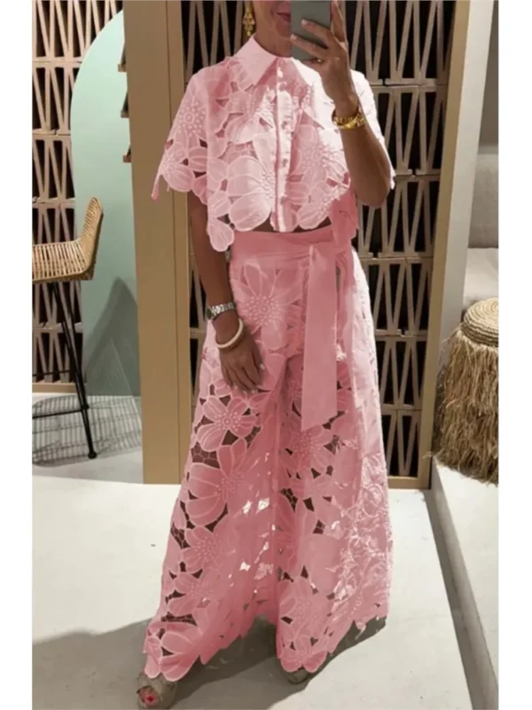 Sexy Lapel Single-breasted Shirt Top + Wide-leg Pants 2-piece Set Women Fashion Solid Color Elegant Casual Hollow Suit Female - Image 5