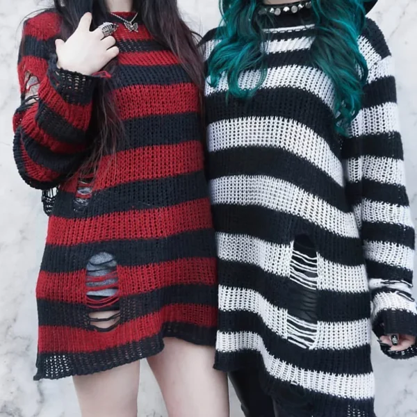 Punk Gothic Stripe Long Sweater For Women Spring Summer Fashion Hollow Out Unisex Jumper Female Street Rock Loose Broken Sweater - Image 4