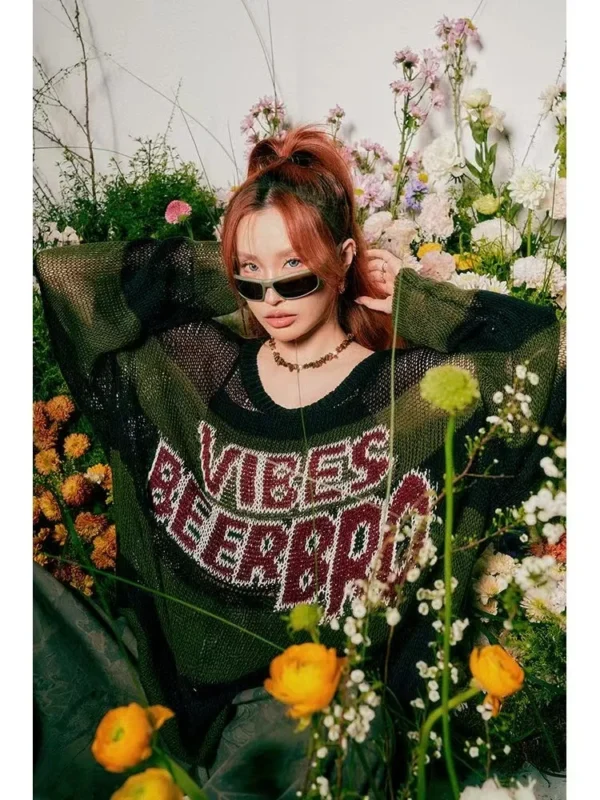 American Striped Hollow Sweater For Women In Summer Oversized Loose Cool And Lazy See-Through Tulle High-End Nightclub Style Top - Image 4