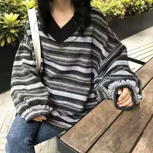 New Women Clothes Korean Vintage Striped Lantern Sleeve Autumn Sweater Female Loose Long Sleeve Mid Length Top Autumn Winter - Image 2