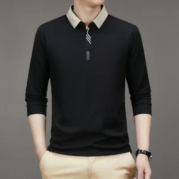Men's Long Sleeve Turn-down Collar Waffle T-shirt Business Casual Polo Shirt Tee - Image 4