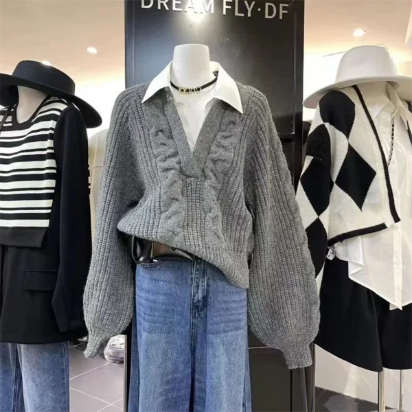Retro Design with Fake Two Patchwork Sweaters for Women Long Sleeve Solid Loose Vintage Pullover Top Fashion Casual Fall Winter - Image 6