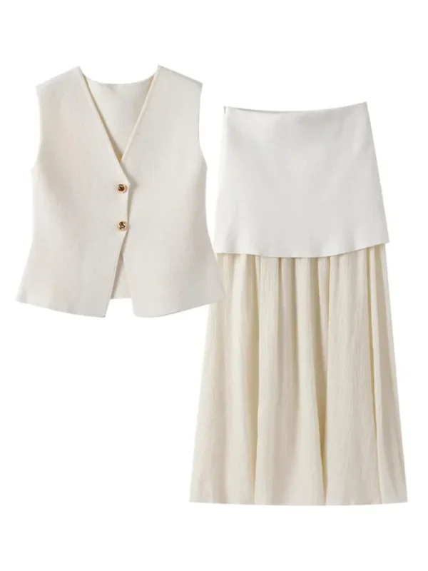 TRAF Women Knitted Sets Loose Skirt Set 2 Pieces 2024 Summer Button V-neck Vest Top Ankle-Length Skirt Lady Street Outfit - Image 6