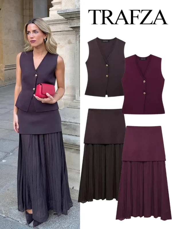 TRAFZA Women 2 Piece Set V-Neck Sleeveless Button Knitted Vest Top+Elegant Splicing High Waist Zipper Long Skirts Holiday Suits - Image 2
