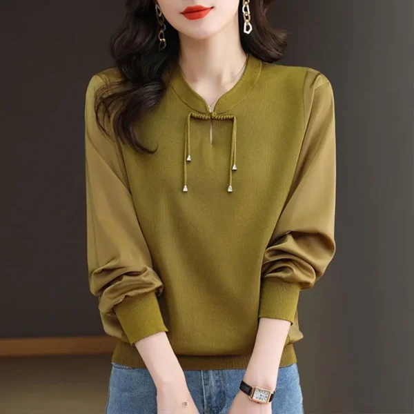 Fashion Chinese Style Buttons V-neck Chiffon Pullovers Spring Autumn 2025 New Loose Knitting Patchwork Top Tee Women Clothes