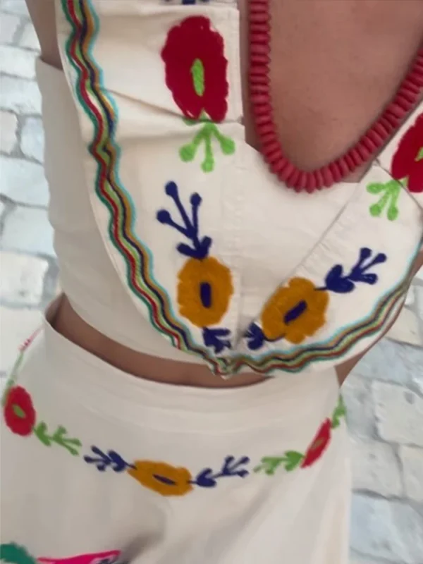 Fashion Print Crop Top Skirt Suits Women Chic Flying Sleeve Square Neck Sleeveless Set High Waisted Pleated Skirt 2024 Outfits - Image 3