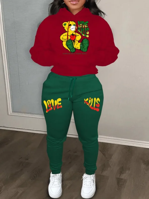2024 Women's Letter Print 2 Piece Outfits Teddy Bear Letter Print Kangaroo Pocket Tracksuit Set Long Sleeve Sweatshirt and Pants - Image 5