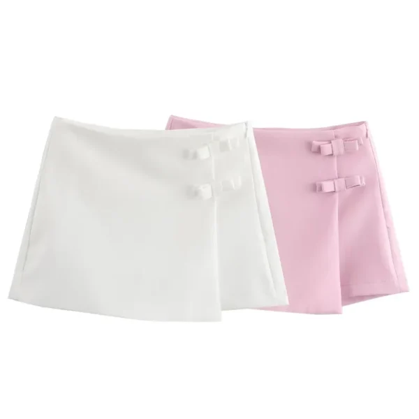 TRAF Bow Pink Skort For Women High Waist Mini White Skirt Pants Fashion Summer Women's Skort Streetwear Asymmetric Culottes - Image 2