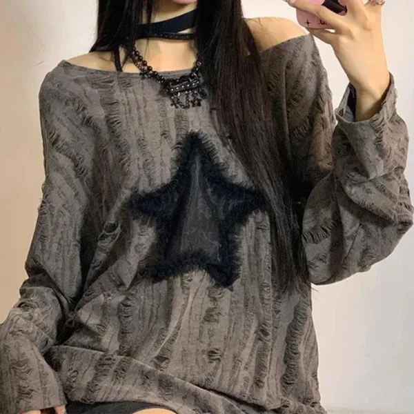 Y2K Hole Star Print T-Shirt Women Fashion Streetwear Off Shoulder Tops Summer Oversized Kpop Long Sleeve Loose Tees Ladies New - Image 2