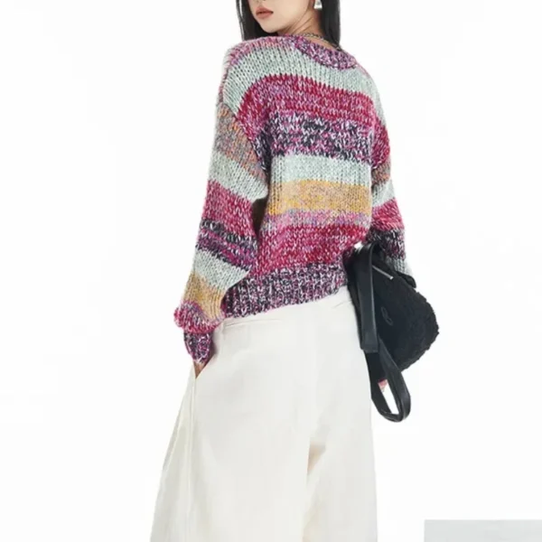 Striped Multi Color Sweater Knitted Crew Neck Jumper Drop Shoulder Rainbow Knitwear Autumn/Winter Woman Clothing - Image 5