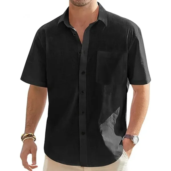 Men's Solid Color Cotton Linen Short Sleeve Shirts Vacation Beach Summer Tops with Pocket Casual Lightweight Button Shirts - Image 2