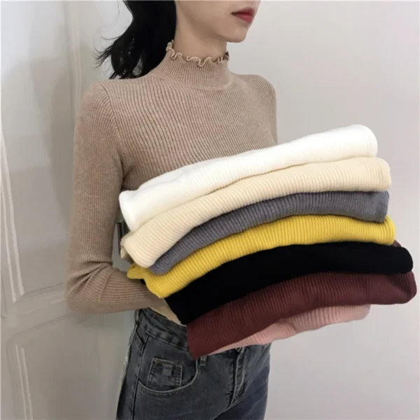 Turtleneck Ruched Women Sweater High Elastic Solid 2024 Fall Winter Fashion Sweater Women Slim Sexy Knitted Pullovers Pink White - Image 2