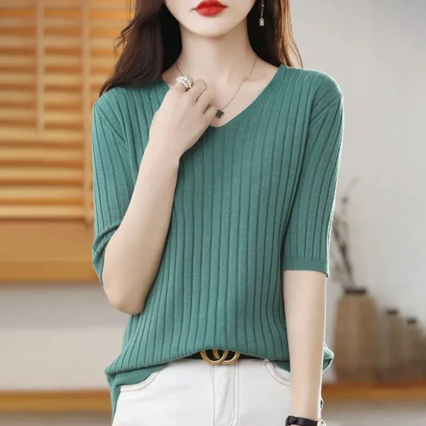2023 New Spring Summer New Women's V-neck Short-Sleeved Exquisite Cashmere Knitted Sweater Pullover Solid Color - Image 2