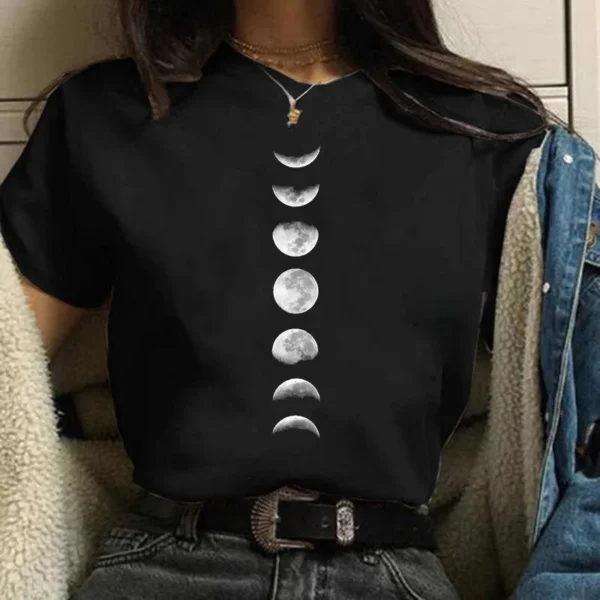 Moon Space Women Casual Print T-shirt Girl 2024 Summer O Neck Harajuku Y2k Funny Cute Tops Tee Female Clothes - Image 2