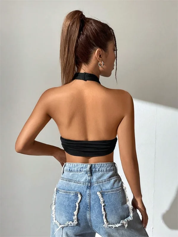 Sleeveless Backless Deep V-neck Halter Top Women Summer 2024 Club Party Sexy Solid Color Crop Tops Streetwear Y2K Clothes - Image 2