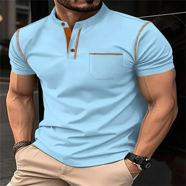 Summer Men's Fashion Outdoor Sports Casual Style Solid Color Stand Collar Patchwork Pocket Design Loose Short Sleeve POLO Shirt - Image 2