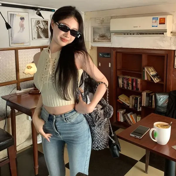 Women Clothes Trend Sexy Lacing Knitting O-neck Sleeveless Pullovers Autumn Fashionable New Hollow Out Skinny Tank Top Sweater - Image 4