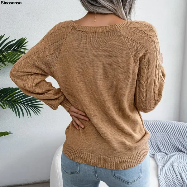 Womens Autumn Winter Cable Knit Sweater Solid Color Square Neck Buttons Long Sleeve Ribbed Knitted Pullover Loose Jumpers Tops - Image 6