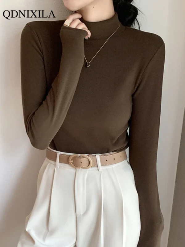 Double Sided Velvet Bottoming Shirt Sweater Women Autumn Korean Elegant Half Turtleneck Pulovers Fashion Long Sleeve Warm Tops - Image 3