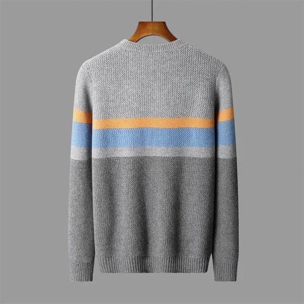 100% pure wool men's round neck thick stripe warm new autumn and winter knitted wool long sleeve bottoming shirt. - Image 2