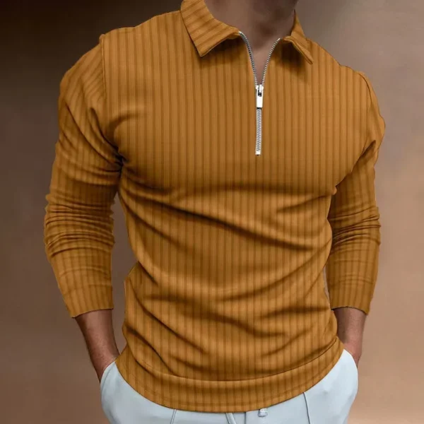 2024 New Men's Autumn And Winter Solid Color Lapel Leisure Sports Polo Shirt Zipper Striped Long Sleeve High Elasticity - Image 3