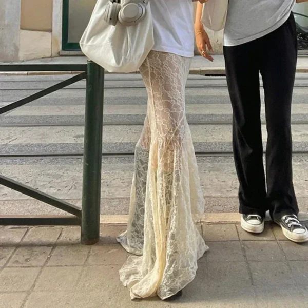 Two Layer Lace Trumpet & Mermaid Long Skirts For Women Vintage Elegant Fashion High Waist Skirt Holiday Outfits - Image 2