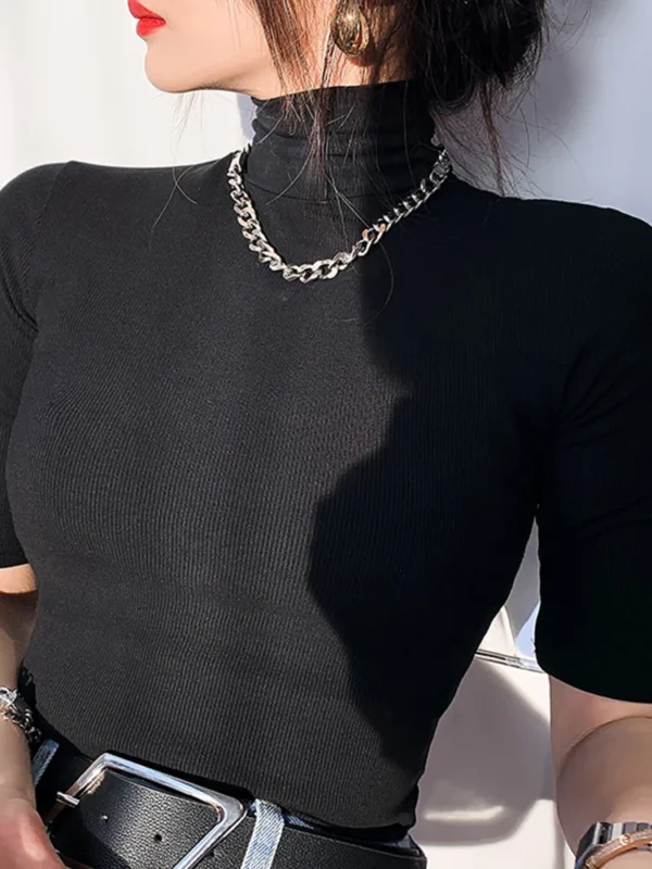 Basic Cotton T Shirt Women Turtleneck Slim Tshirt Short Sleeve T-shirts Female Casual Elasticity White Tee Shirt Femme Woman Top - Image 4