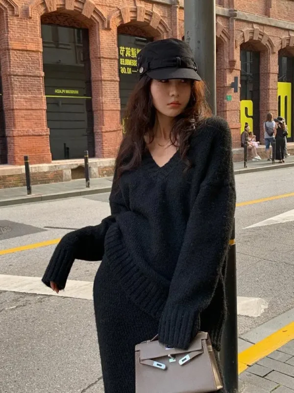 Lazy Style Sweater Set Skirt for Women's Autumn and Winter V-neck Pullover Knitted Sweater Top Half Skirt Fashion Two-piece Set - Image 2