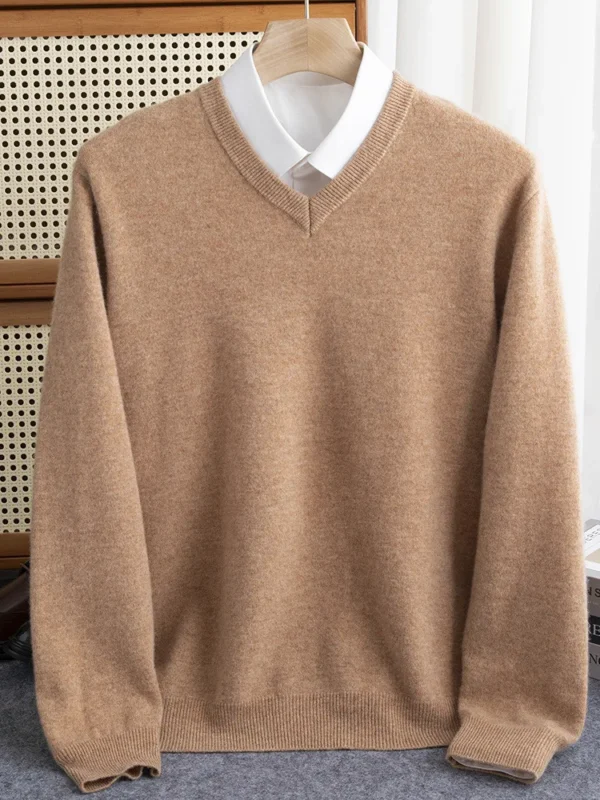 Men 100% Merino Wool Sweater V-Neck Pullover Autumn Winter Cashmere Warm Solid Knitwear Clothes Business Bottoming Soft Tops - Image 6