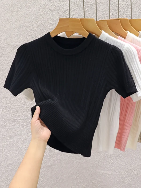 2024 Summer T shirts for Women Casual Female Korean Knit Streetwear Tees Basic Solid Young Cool Tops - Image 4