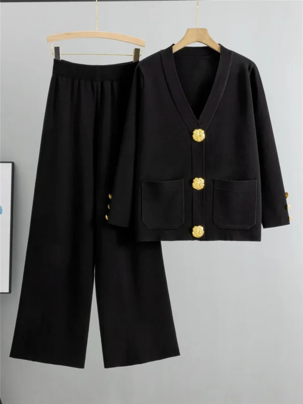Fall Winter Women's Knit Sweater Sets Large Gold Button V-neck Cardigan Coats Conjunto High Waist Baggy 95cm Wide Leg Pants Suit - Image 4